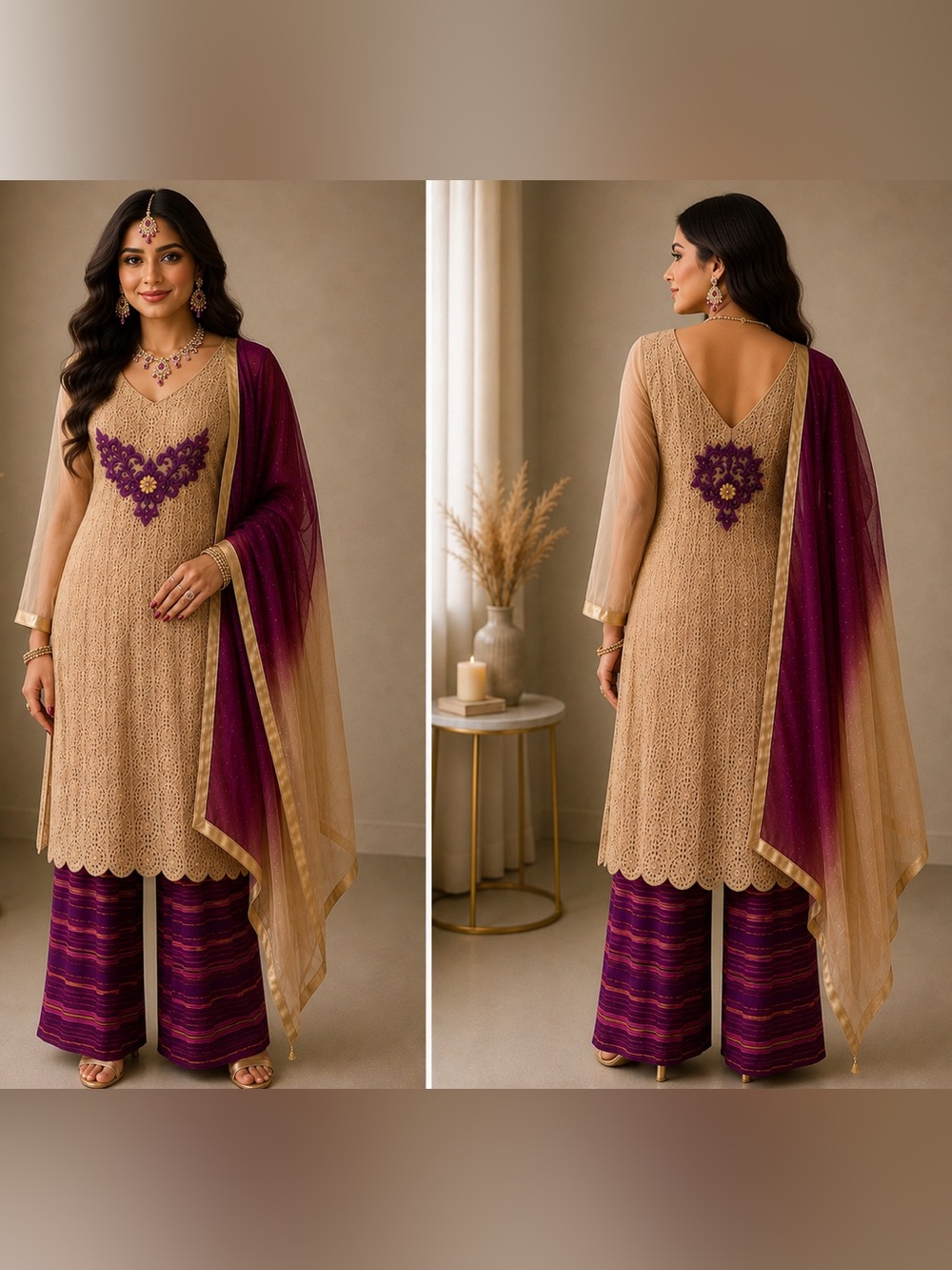 Beige & Purple Embroidered Women’s Salwar Kameez Set